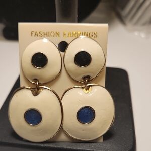 Cream and Blue Enamel Fashion Earrings